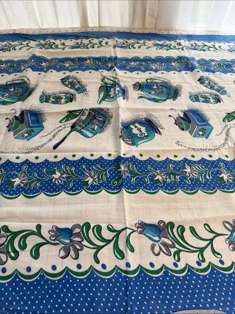 Vintage 1970s Handmade Blue Green Kitchen Tablecloth 42x36 Coffee Pot Sugar Bowl
